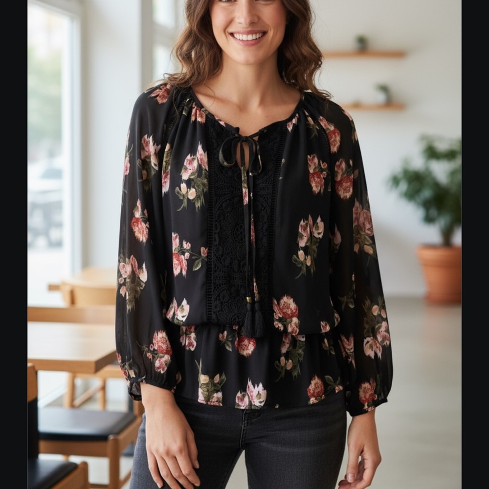 Signature Studio small running oversized Floral Black Blouse w/tassels​